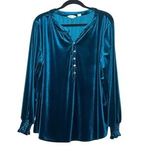 Café Marrakesh dark teal blue velvet ¼ button front long sleeve blouse size XL